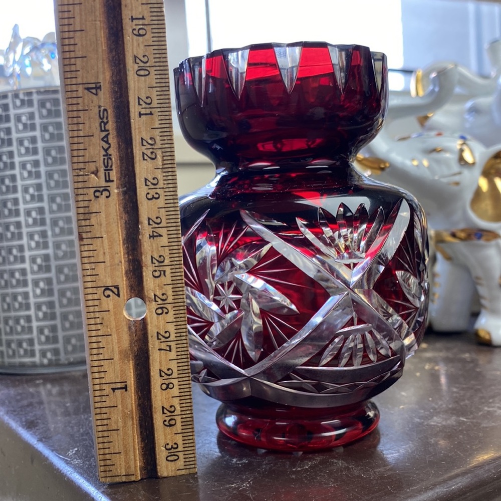 Vintage Bohemia Czech Crystal Red Vase - Picture 6 of 7